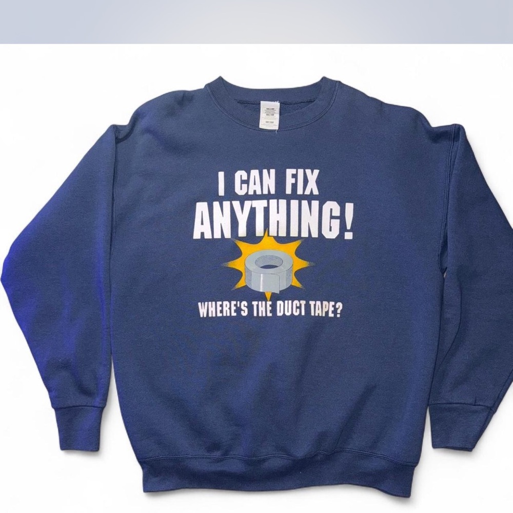 Nostalgic 90s Navy Heavy Cotton Graphic Crewneck “I Can Fix Anything!” XL
